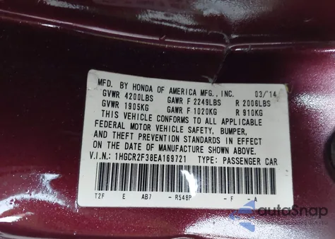 2014 Honda Accord Lx from USA, damaged, VIN 1HGCR2F38EA169721